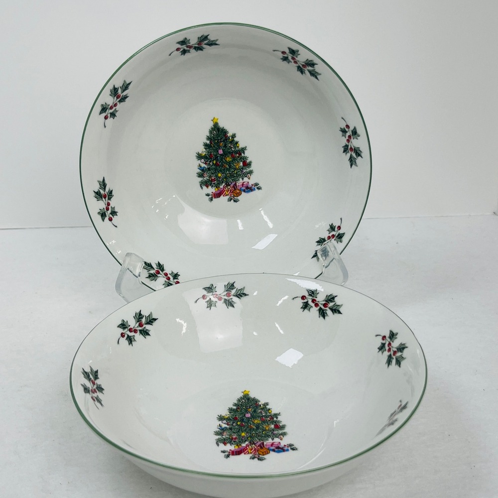 Gibson Everyday Christmas Tree China Soup Cereal Bowls Set of 2 Holly Berries 6"